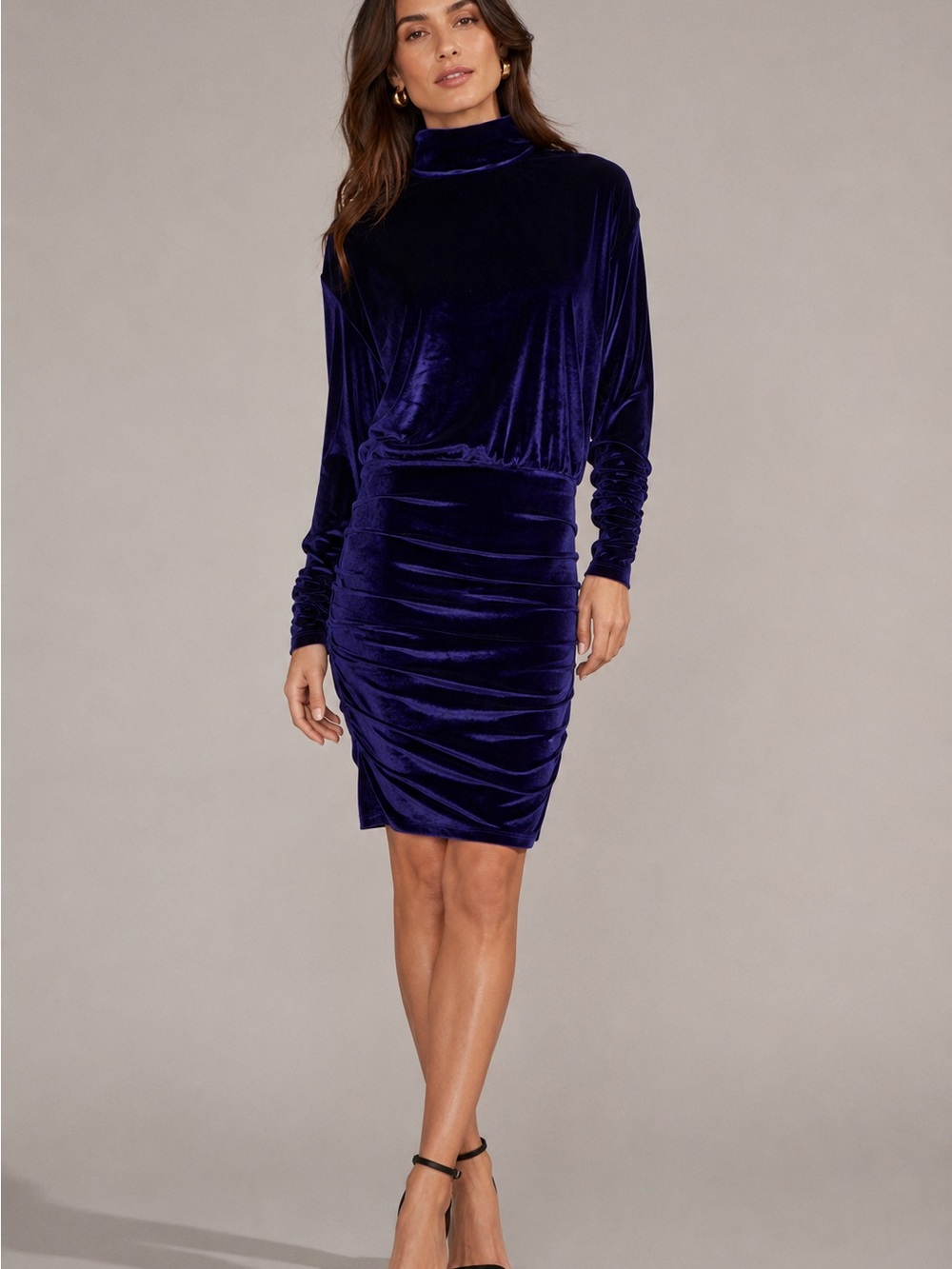 Ronny Kobo Collection Velvet Ruched Turtleneck Dress - Navy